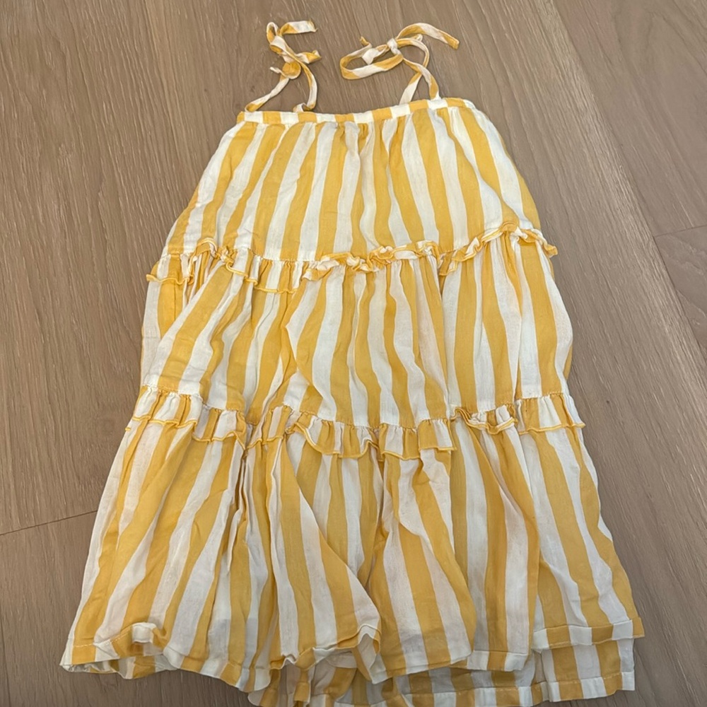 Great condition 2T Pink Chicken Yellow and White striped tiered tie strap dress